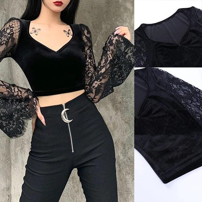Witchy Gothic See Through Crop Top, Elegant Flared Long Sleeve For Women - Wonder Skull