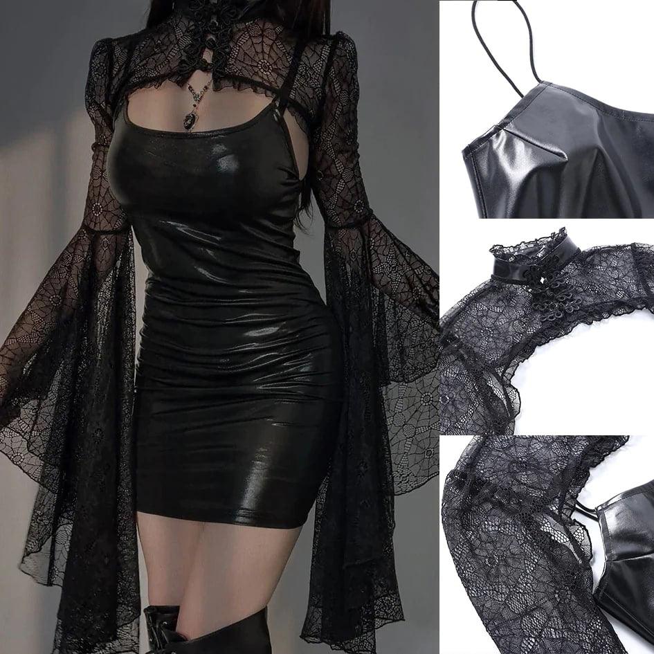 Witchy Gothic Leather Dress, Sexy Lace Flare Sleeve For Women - Wonder Skull