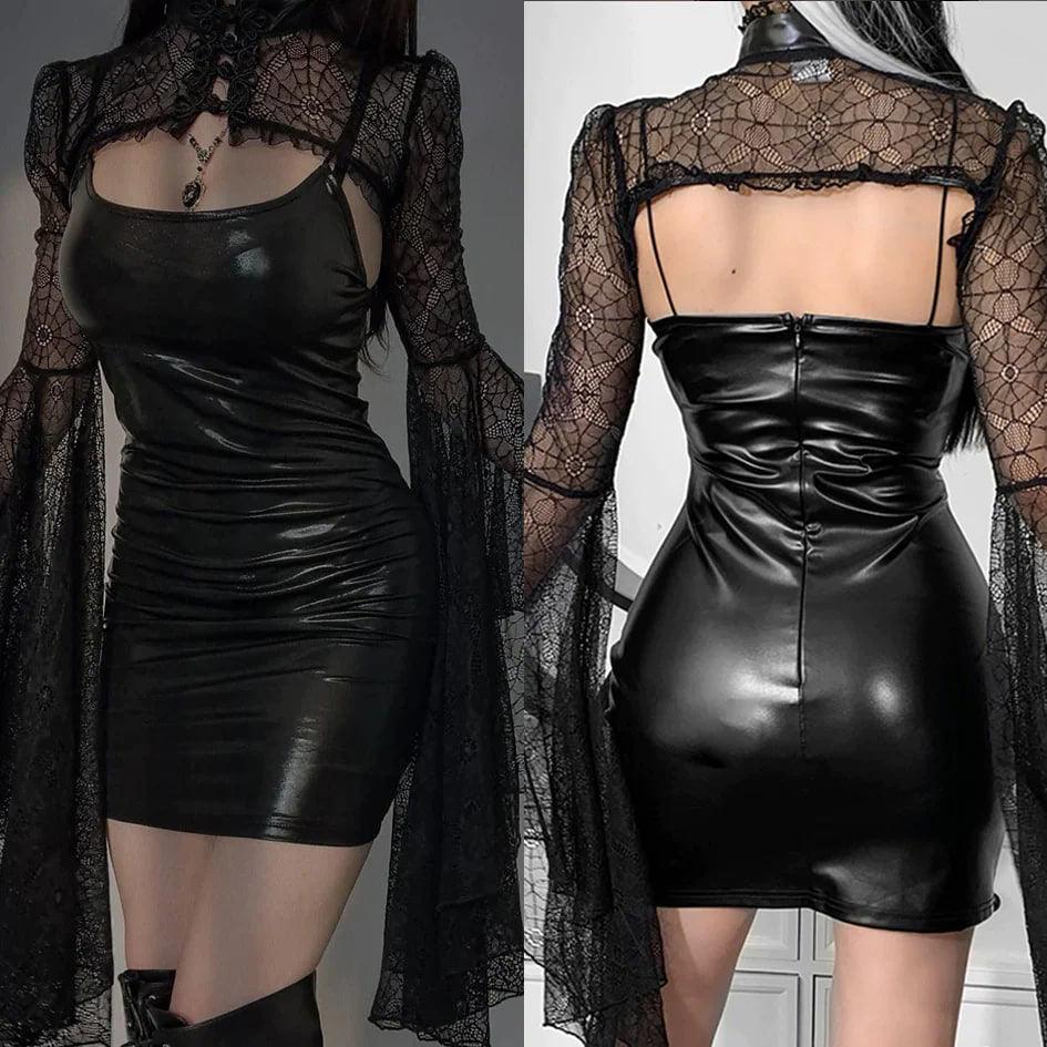 Witchy Gothic Leather Dress, Sexy Lace Flare Sleeve For Women - Wonder Skull