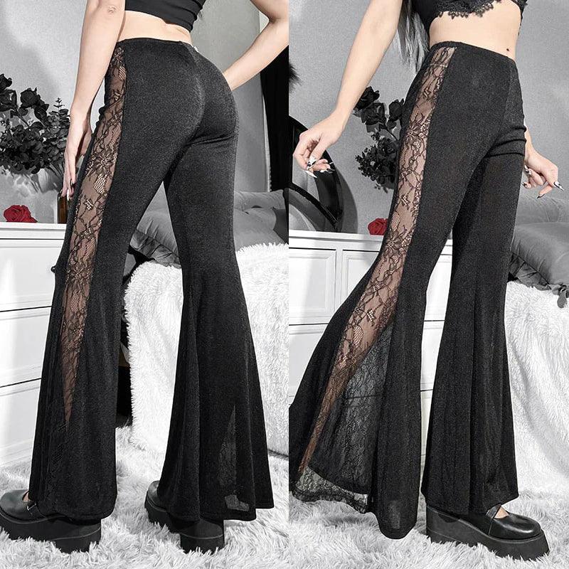 Vintage Gothic Flare Pants, Beautiful Floral Lace 2 Sides Trousers For Women - Wonder Skull