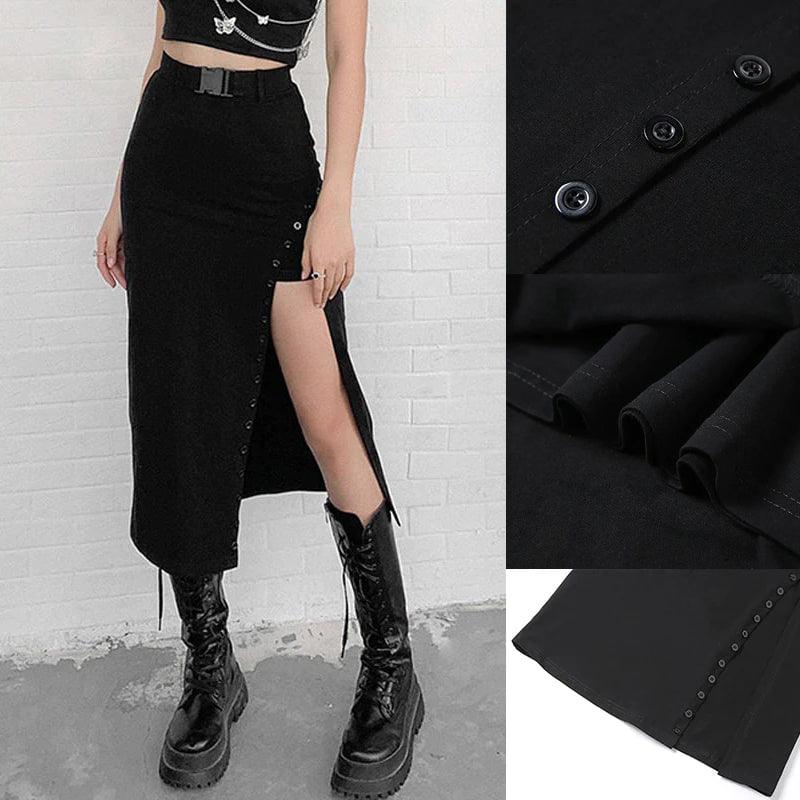 Vintage Gothic A-Line Cut Long Skirt, Sexy Buckle Front Clubwear For Women - Wonder Skull