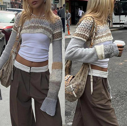 Retro Hollow Out Casual Crop Top, Beautiful Knitted Long Sleeve For Women - Wonder Skull