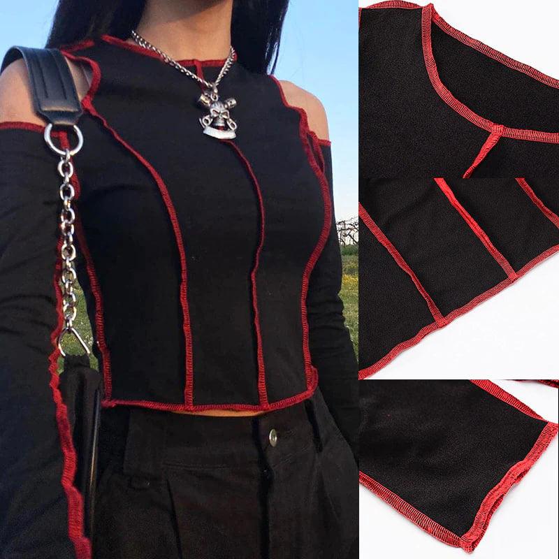 Retro Gothic Hollow Out Shoulder CropTop, Attractive Long Sleeve Wear For Women - Wonder Skull