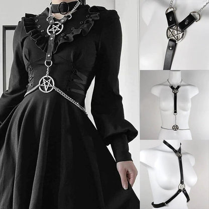 Punk Pentagram Faux Leather Harness Bra, Savage Body Cage Chest For Women - Wonder Skull