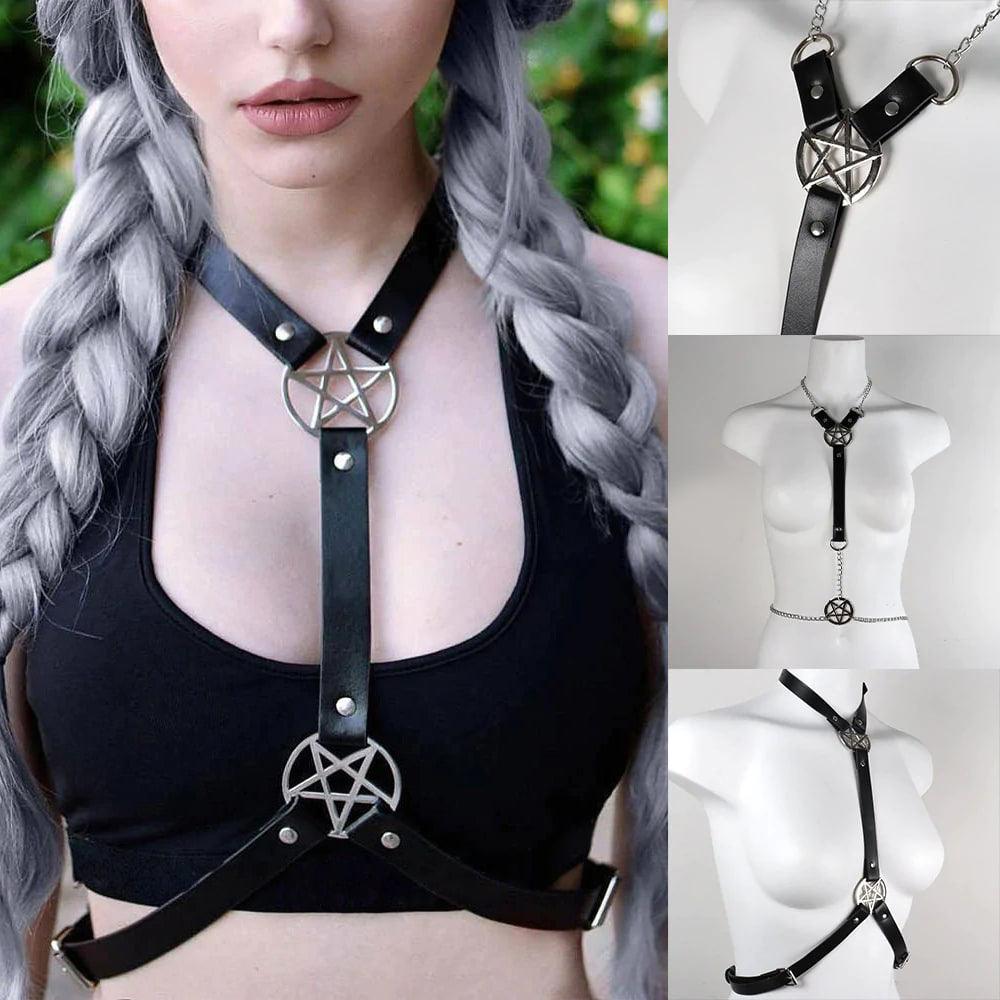 Punk Pentagram Faux Leather Harness Bra, Savage Body Cage Chest For Women - Wonder Skull