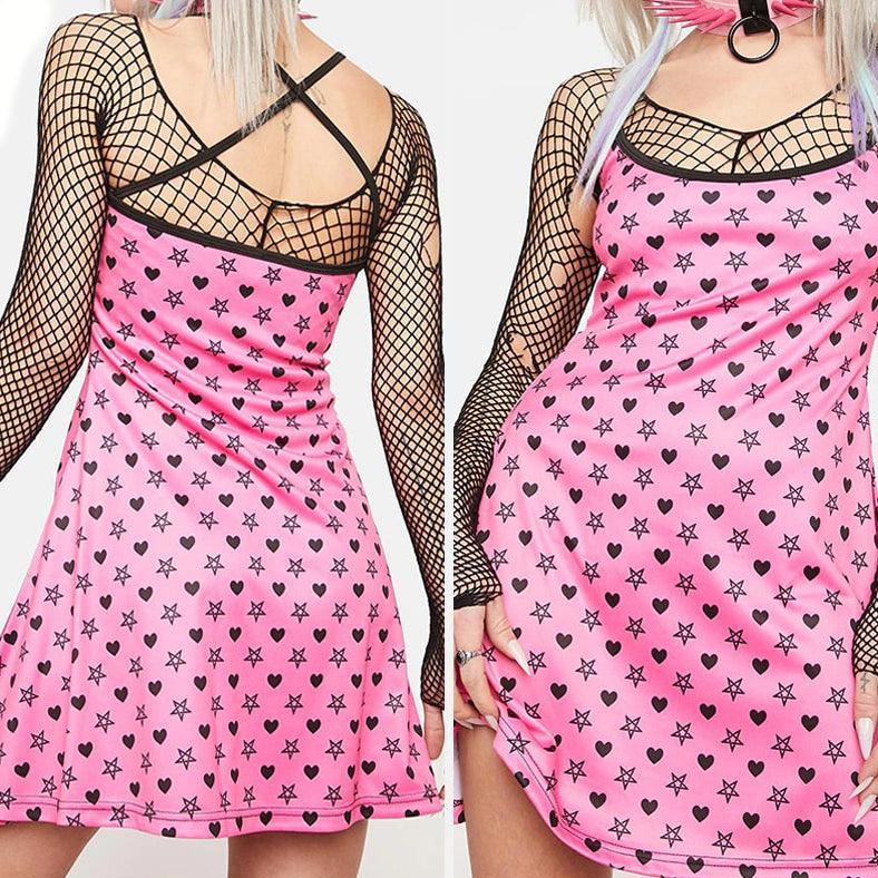 Punk Gothic Pink Heart Printed Dress Graphic, Coolest Fishnet LongSleeve Vestidos For Women - Wonder Skull