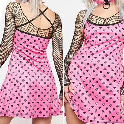 Punk Gothic Pink Heart Printed Dress Graphic, Coolest Fishnet LongSleeve Vestidos For Women - Wonder Skull