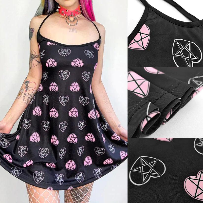 Punk Gothic Pink Heart Printed Dress Graphic, Coolest Fishnet LongSleeve Vestidos For Women - Wonder Skull