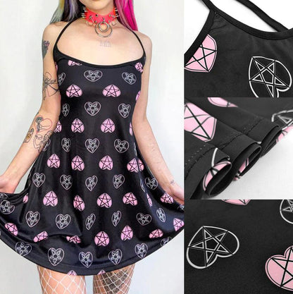 Punk Gothic Pink Heart Printed Dress Graphic, Coolest Fishnet LongSleeve Vestidos For Women - Wonder Skull