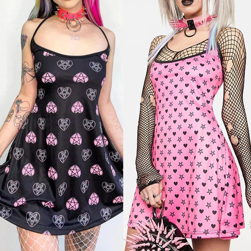 Punk Gothic Pink Heart Printed Dress Graphic, Coolest Fishnet LongSleeve Vestidos For Women - Wonder Skull