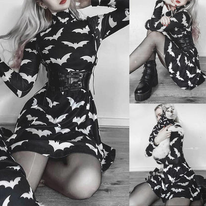 Gothic Black Bat Printed Turtleneck Dress, Beautiful Long Sleeve Vestidos For Women - Wonder Skull