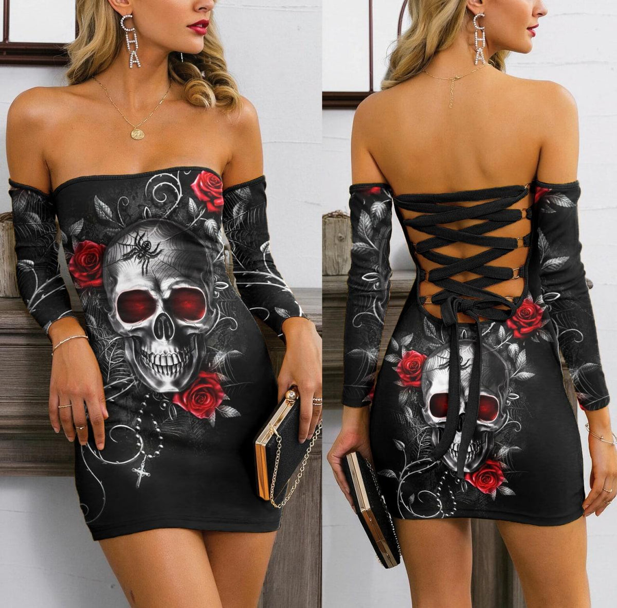 Gothic Skull Rose Off-Shoulder Back Dress, Sexy Lace-Up Clubwear For Women - Wonder Skull
