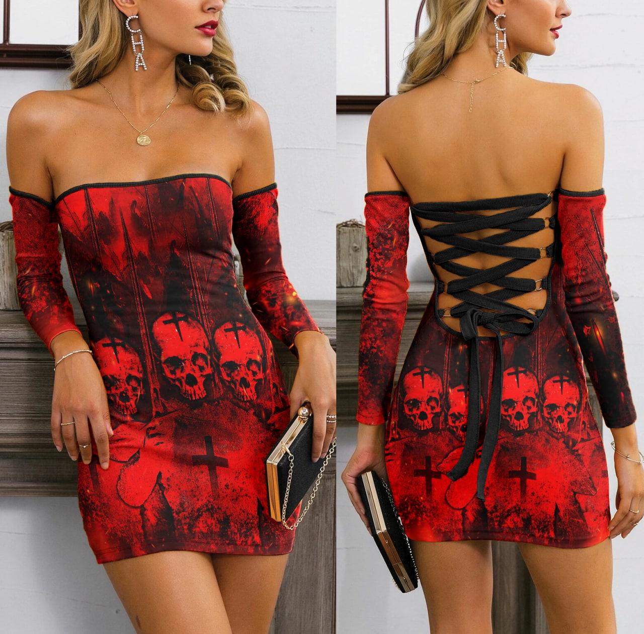 Red And Black Gothic Skull Demon Off-shoulder Dress, Hot Back Lace-up Clubwear For Women - Wonder Skull