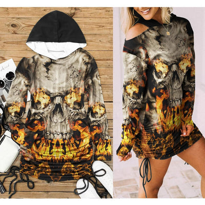 Skull Gothic Flame All-Over Print Women One Shoulder Dress With Waist Shirring, Hot Long Hoodie For - Wonder Skull
