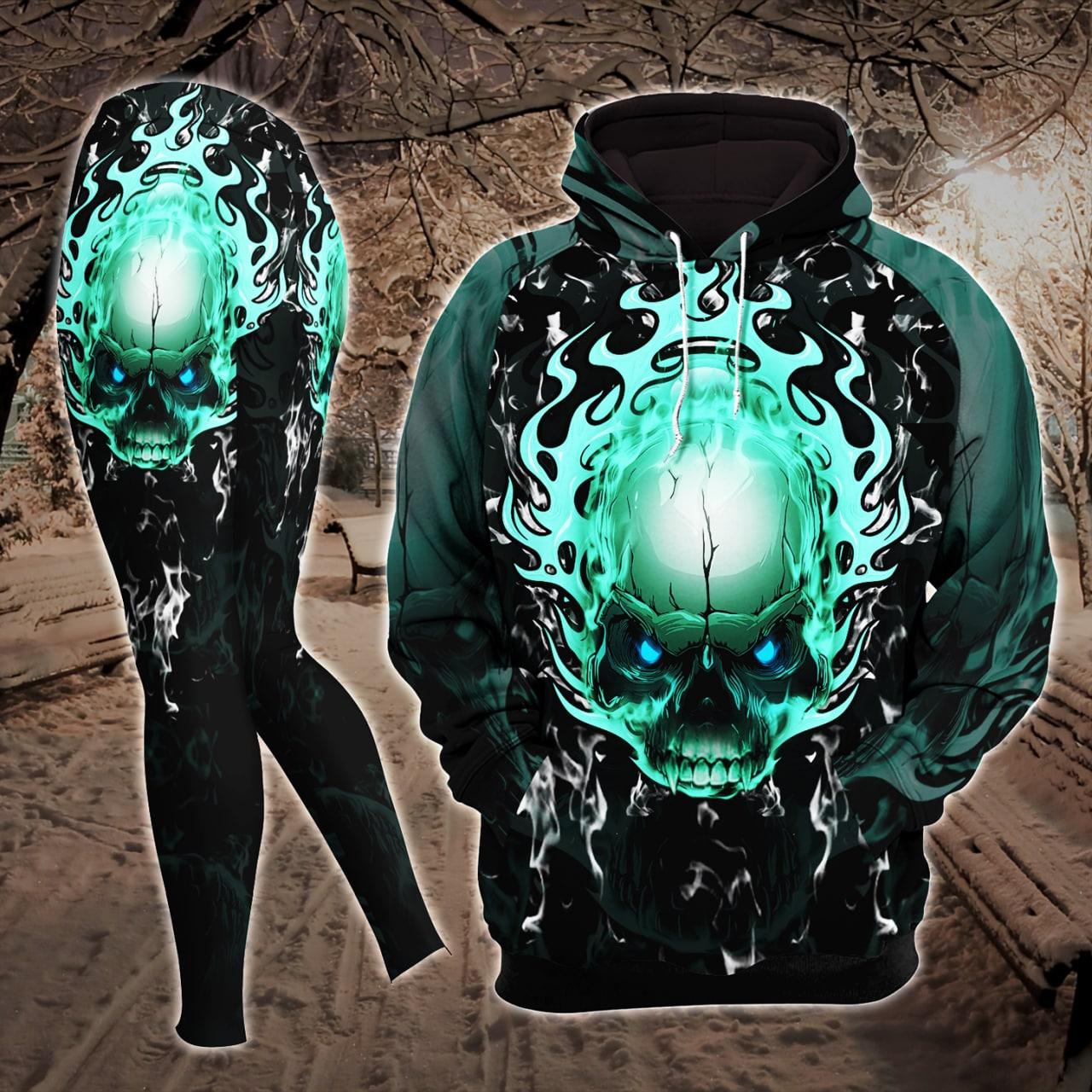 Aqua Green Fire Skull Combo Hoodie and Leggings - Wonder Skull