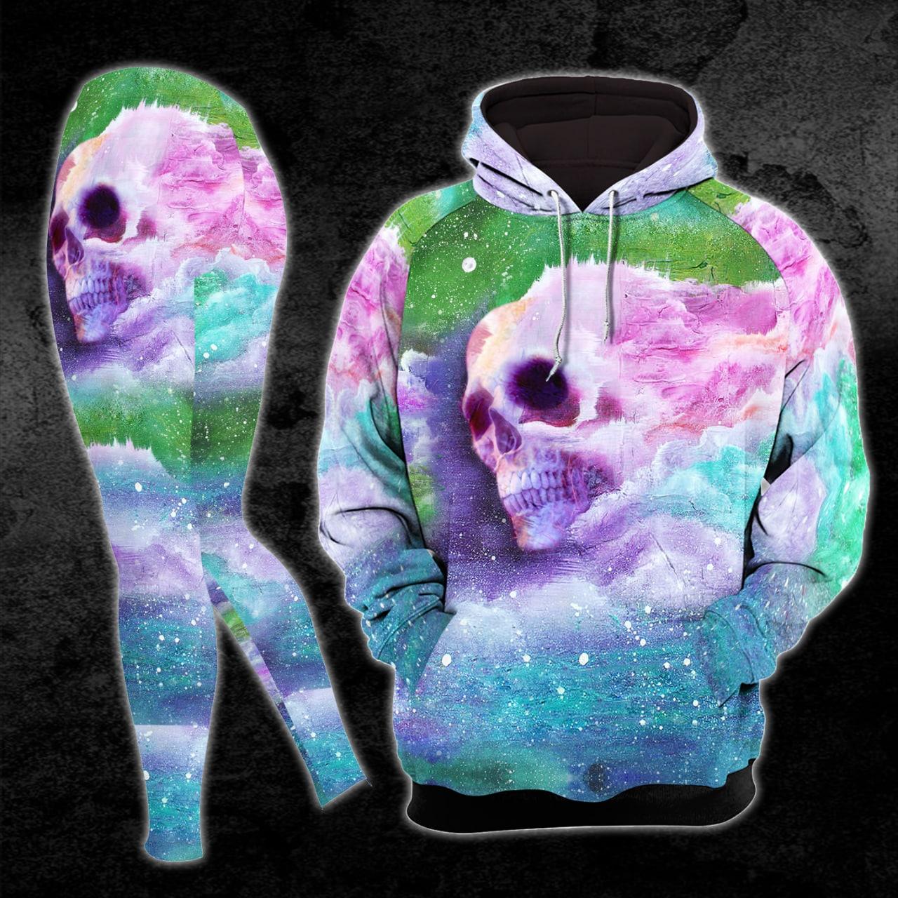 Blue Rainbow Cloudy Skull Combo Hoodie and Leggings - Wonder Skull