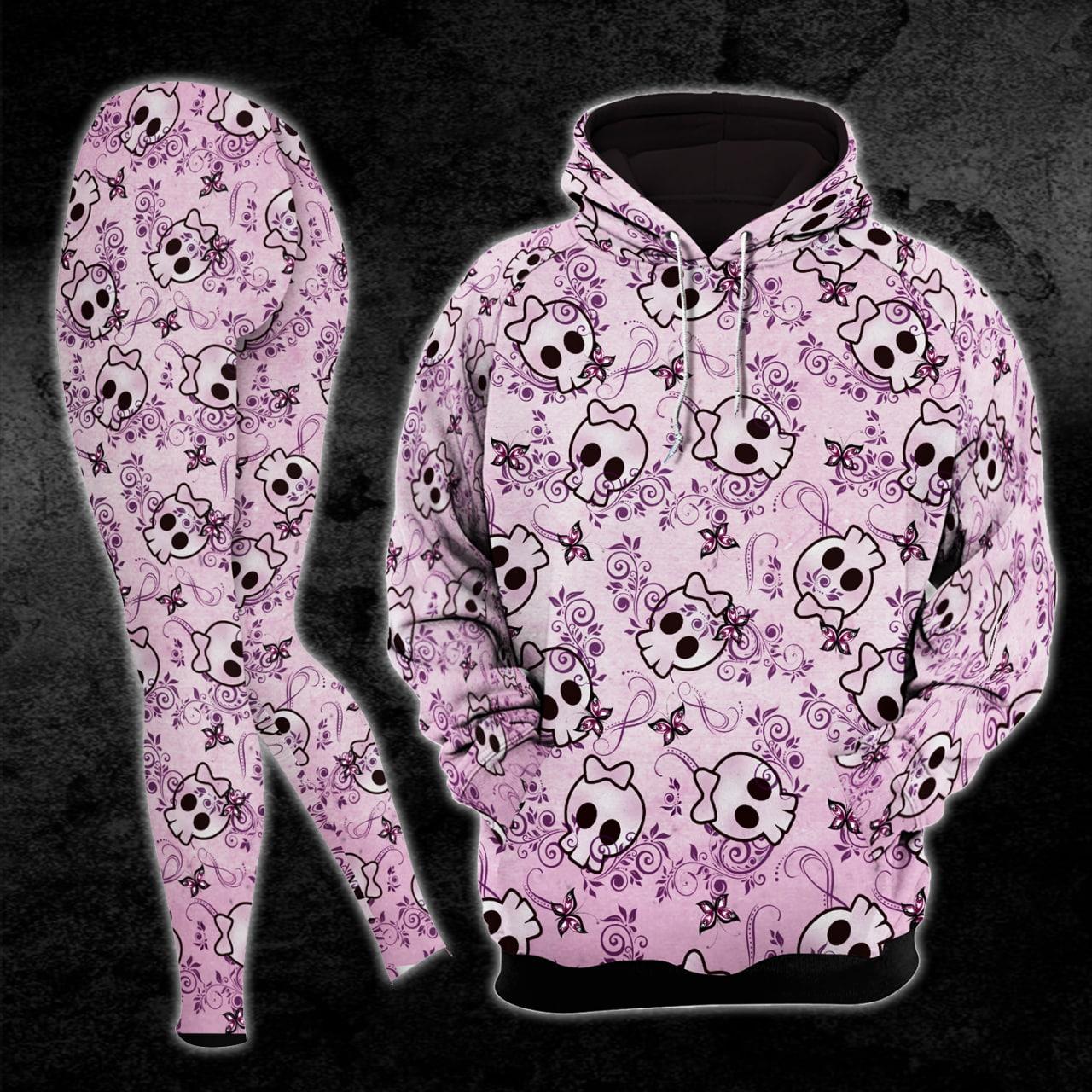 Pink Pastel Cute Skull Pattern Combo Hoodie and Leggings - Wonder Skull