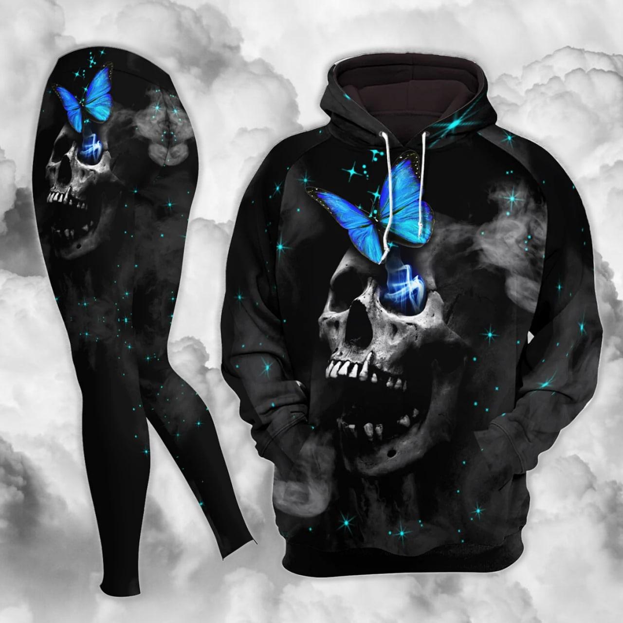 Neon Blue Butterfly Skull Combo Hoodie and Leggings - Wonder Skull