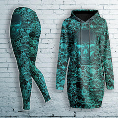 Lotus Pattern Cyan Skull Combo Hoodie and Leggings - Wonder Skull