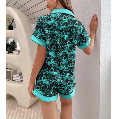 Skull Turquoise Sexy Pajama Sets With Short Sleeve - Wonder Skull