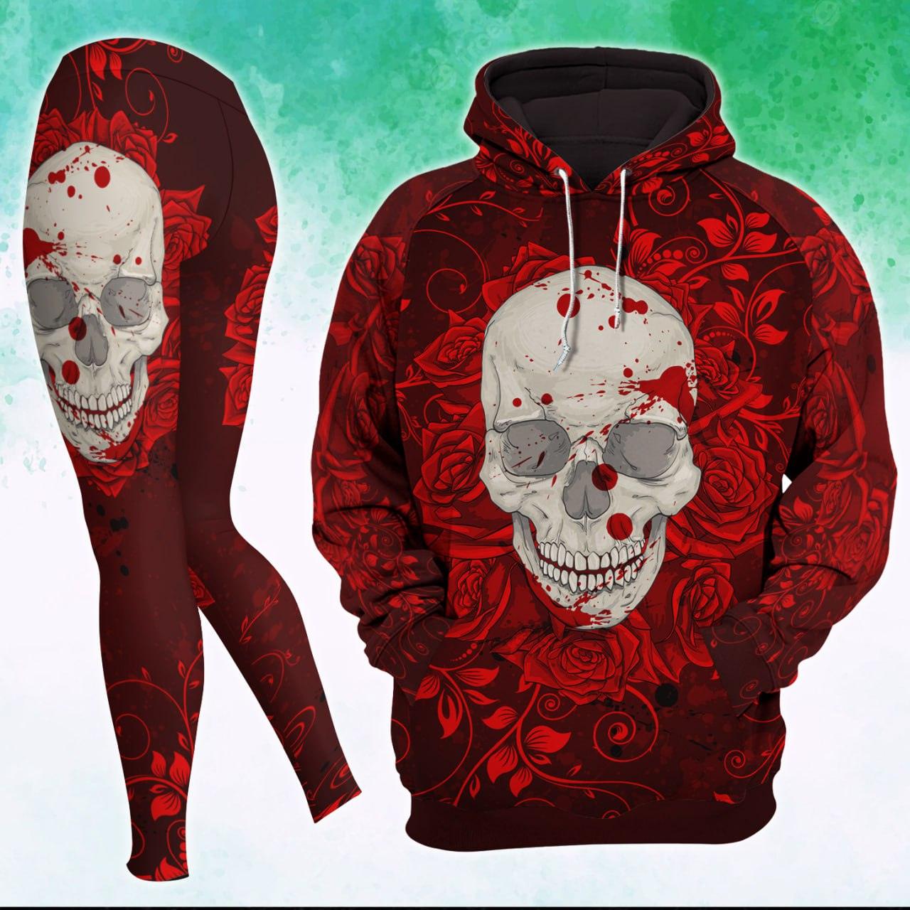 White Skull And Red Flower Artwork Combo Hoodie and Leggings - Wonder Skull