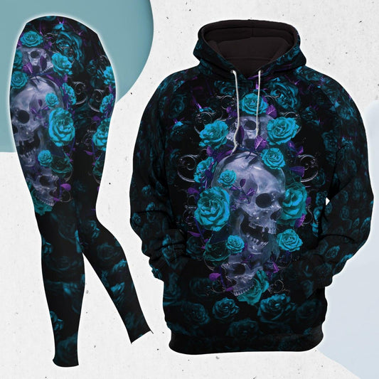 Turquoise Rose Skull Gothic Artwork Combo Hoodie and Leggings - Wonder Skull