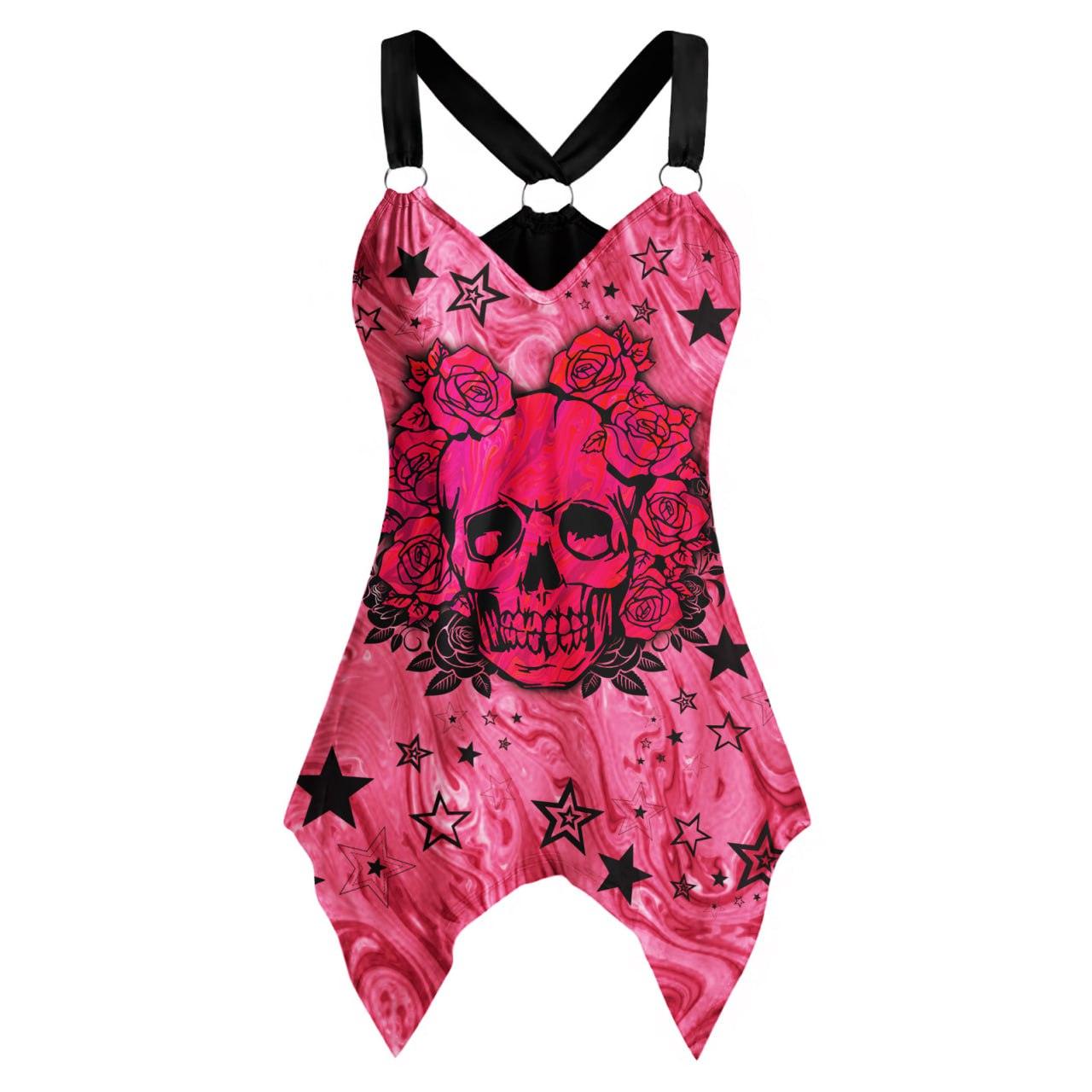 Skull And Rose Viva Magenta V-Neck O Ring Tank Top - Wonder Skull