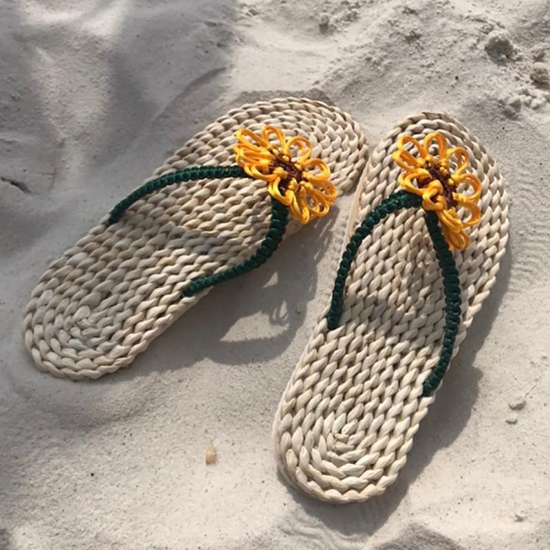 High Quality Hand Made Corn Husk Straw Sunflower Sandals Flip Flop For Women - Wonder Hippie Official