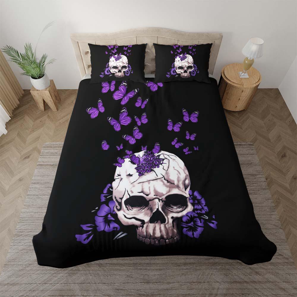 Purple Butterfly Skull With Flower Duvet Cover Set - Wonder Skull