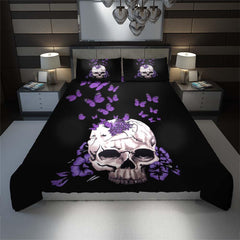 Purple Butterfly Skull With Flower Duvet Cover Set - Wonder Skull