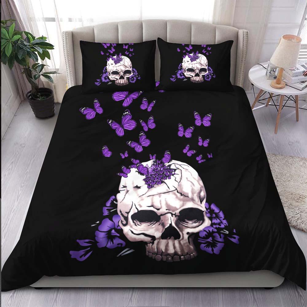 Purple Butterfly Skull With Flower Duvet Cover Set - Wonder Skull