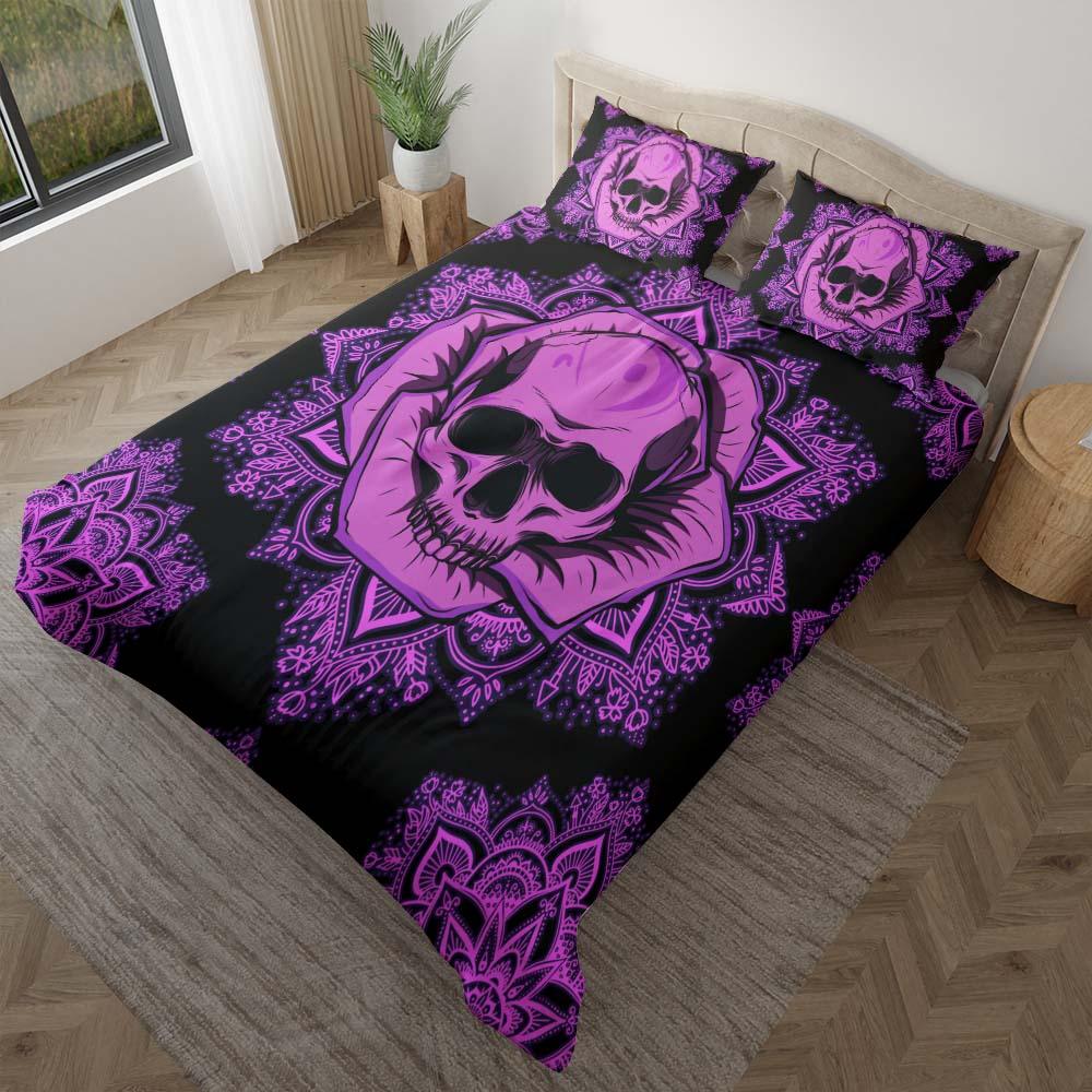 Purple Mandala Skull Rose Duvet Cover Set - Wonder Skull