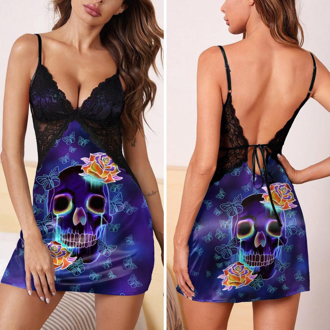 Purple Skull Lace Chemise Nightgown, Sexy Night Dress - Wonder Skull