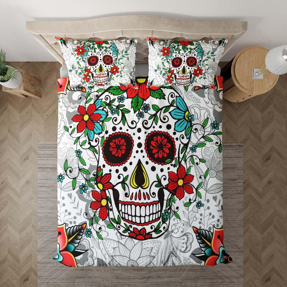 Red Eyes Skull With Flower Duvet Cover Set - Wonder Skull