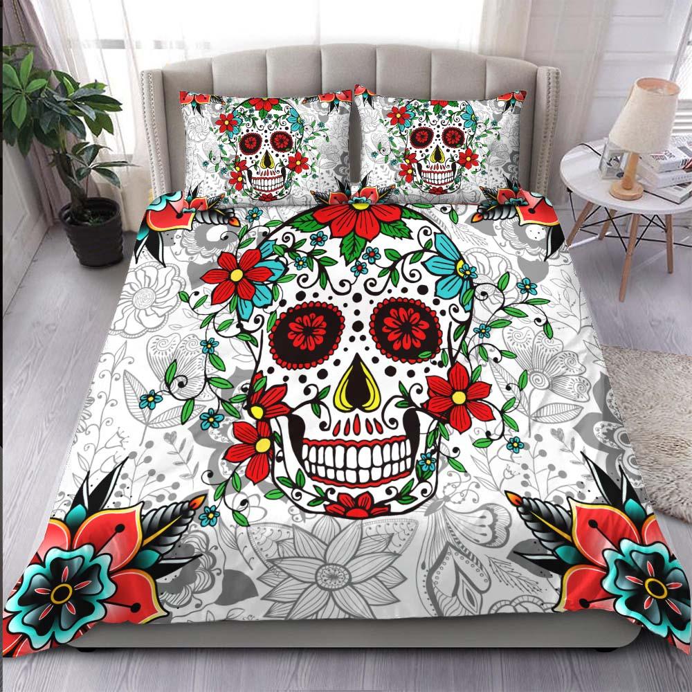 Red Eyes Skull With Flower Duvet Cover Set - Wonder Skull