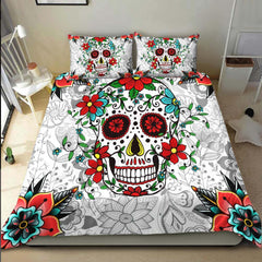 Red Eyes Skull With Flower Duvet Cover Set - Wonder Skull