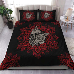 Red Mandala Butterfly Skull With Flower Duvet Cover Set - Wonder Skull