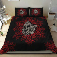 Red Mandala Butterfly Skull With Flower Duvet Cover Set - Wonder Skull