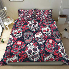 Red Sugar Skull Pattern Duvet Cover Set - Wonder Skull