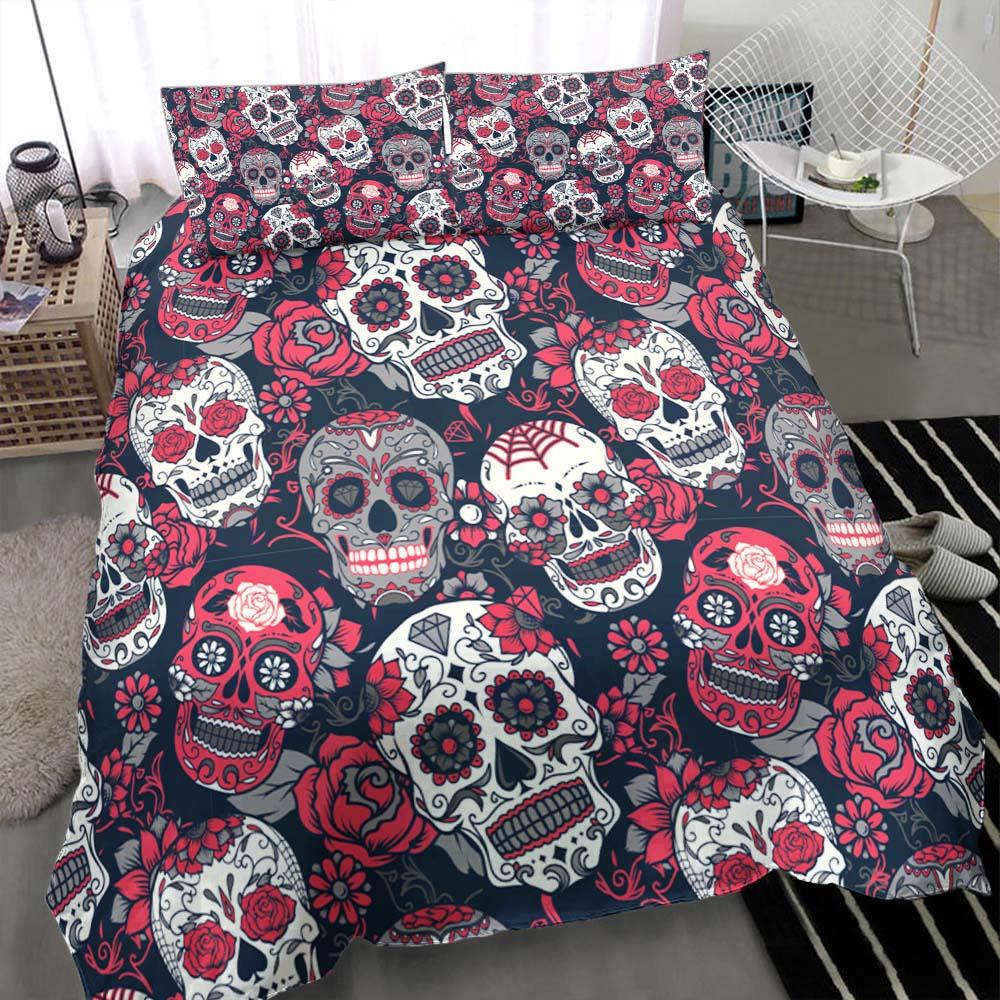Red Sugar Skull Pattern Duvet Cover Set - Wonder Skull