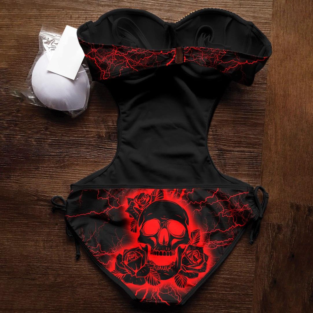 Red Thunder Skull Rose Luxury Cut Out One Pice Swimsuit - Wonder Skull