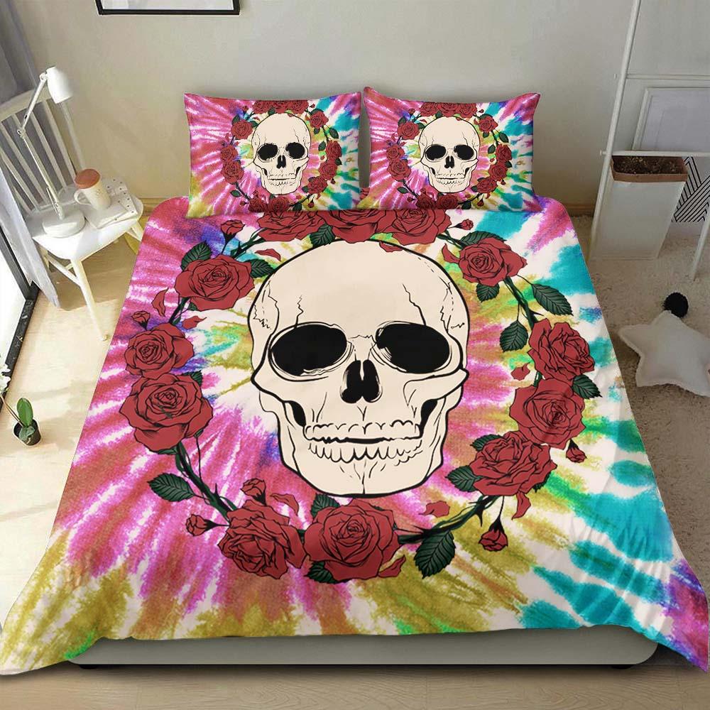Skull And Circle Roses Tie Dye Duvet Cover Set - Wonder Skull