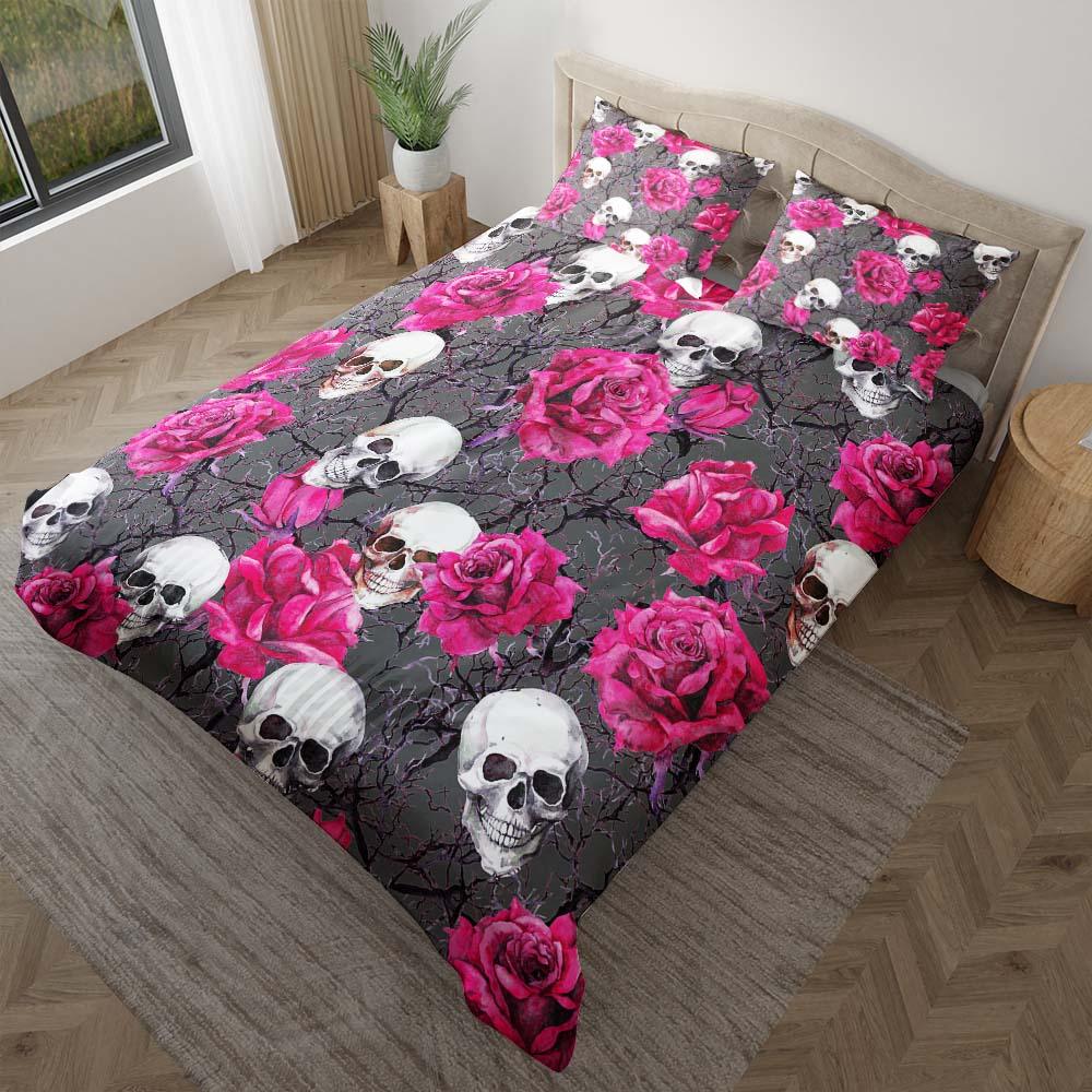 Skull And Pink Rose Pattern Dark Gray Duvet Cover Set - Wonder Skull