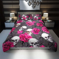 Skull And Pink Rose Pattern Dark Gray Duvet Cover Set - Wonder Skull