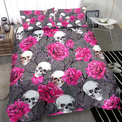 Skull And Pink Rose Pattern Dark Gray Duvet Cover Set - Wonder Skull