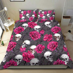 Skull And Pink Rose Pattern Dark Gray Duvet Cover Set - Wonder Skull