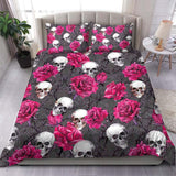 Skull And Pink Rose Pattern Dark Gray Duvet Cover Set - Wonder Skull