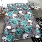 Skull And Soft Cyan Rose Pattern Dark Gray Duvet Cover Set - Wonder Skull