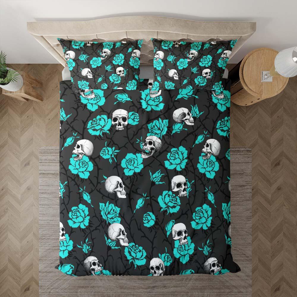 Skull And Strong Cyan Rose Pattern Duvet Cover Set - Wonder Skull