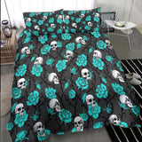Skull And Strong Cyan Rose Pattern Duvet Cover Set - Wonder Skull